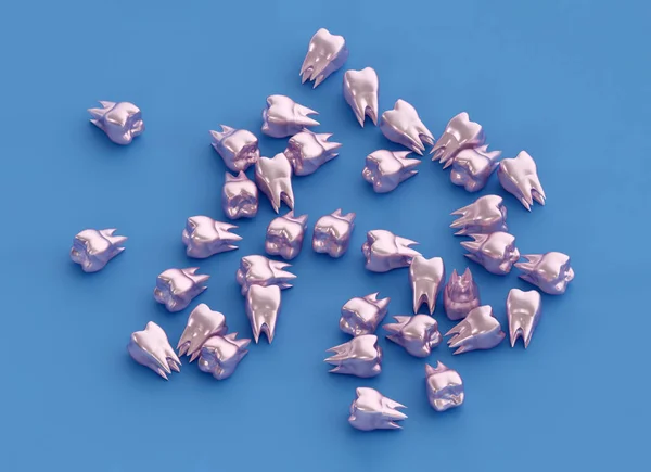 Backenzähne Aus Metall Zahnkronen Auf Blauem Hintergrund Abstraktes Kreatives Zahnpflegekonzept — Stockfoto