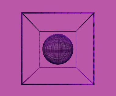 Pembe arkaplanda küp şeklinde soyut ağ küresi, 3D görüntüleme
