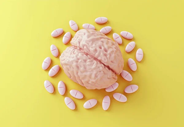 human brain surrounded by pills on yellow background, view from above, nootropic for the brain or headache pill, a drug to improve brain activity, pill addiction, 3d render