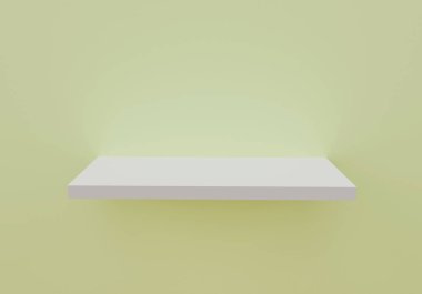 boş raf sarı duvarda duruyor, 3D render