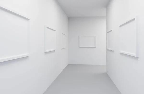 Gallery Interior with empty frames on wall, white corridor. 3d illustration
