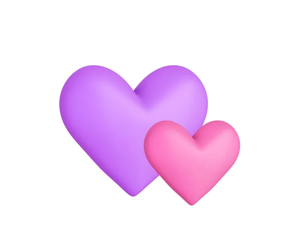 两颗成熟的 柔和的紫罗兰和粉红的心被白色隔开了 3D说明 — 图库照片
