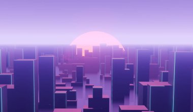 Gökdelenleri sisli ve batan güneşli fütüristik gece şehri, büyük şehir sisi, 3D illüstrasyon