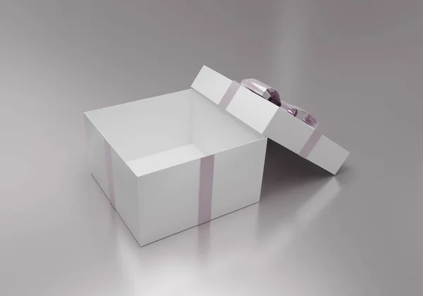 Ανοίξτε άδειο λευκό κουτί δώρου σε γκρι ανακλαστικό τραπέζι, 3d καθιστούν — Φωτογραφία Αρχείου