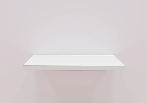 Άδειο λευκό ράφι σταθεί στο φως τοίχο, 3D εικονογράφηση — Φωτογραφία Αρχείου
