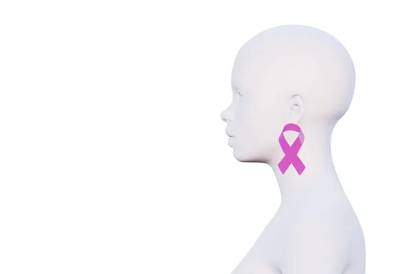 Cabeza calva femenina mínima aislada en blanco, aretes de cinta rosa, vista lateral, concepto de conciencia de cáncer de mama, lugar para el texto, 3d render — Foto de Stock