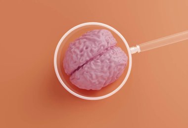 Pembe insan beyni modeli ve turuncu arka planda büyüteç, insan çalışma konsepti, 3 boyutlu illüstrasyon