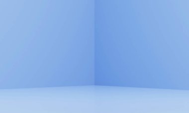 3D 'deki mavi odanın köşesinde. Mavi arkaplan, 3d oluşturma