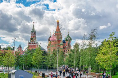 Moscow, Russia - July 31, 2020: View of St. Basil's Cathedral - the main popular attraction of Moscow from the Zaryadye park clipart