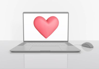 Yansıtıcı gri masadaki dizüstü bilgisayar, kırmızı kalpli monitör, online flört konsepti, uzaktaki aşk, üç boyutlu görüntüleme.