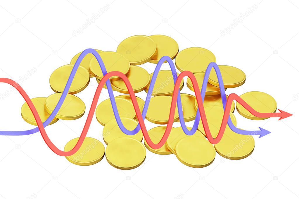 gold coins are scattered on a plane and statistical curved arrows, isolated on a white background, 3d render