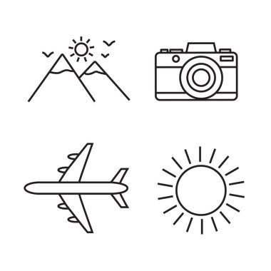 16 seyahat çizgisi simgesi dağları, kamerayı, fotoğrafı, uçağı, beyaz arkaplanda izole edilmiş güneş simgelerini içerir.