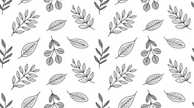 Minimalist yaratıcı karalama stilinde, beyaz ve siyah renklerde sonbahar kusursuz desen. Elle çizilmiş mevsimlik illüstrasyon. Kumaş, duvar kağıdı, ambalaj kağıdı, kırtasiye malzemesi ve dijital kullanım için tasarım, samimi sonbahar vektör deseni.