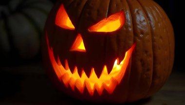 Yüksek çözünürlüklü içinde kızgın balkabağı ve yanan mum olan bir resim. Cadılar Bayramı resmi.