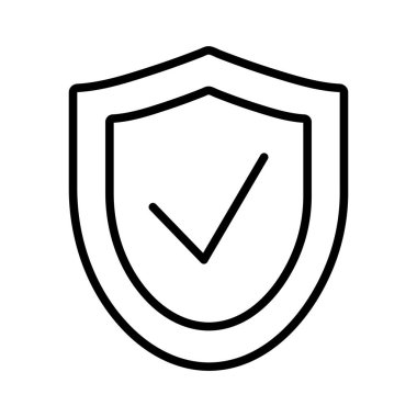 Beyaz arka planda izole edilmiş, içinde kontrol işareti olan bir kalkan çizgisi. Bilgisayar teknolojisi çizgi simgesi, siber güvenlik.