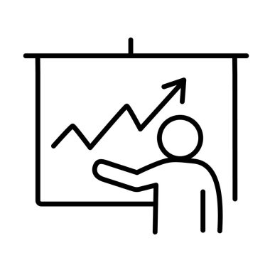 Sunum sahnesinin minimalist çizgi simgesi. Bir kişi, yükselen bir eğilimi gösteren, büyüme ve ilerlemeyi gösteren bir çizgi grafiğine işaret ediyor. İş stratejisi simgesi, başarı ve başarının sembolü.