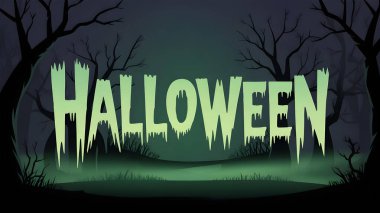 Minimalist Cadılar Bayramı tasarımı sisli bir arka planda parlayan yeşil Cadılar Bayramı harfleri, perili orman silueti. Poster, dekor, duvar kağıdı ve tatil baskısı için ürkütücü atmosfer çizimi.