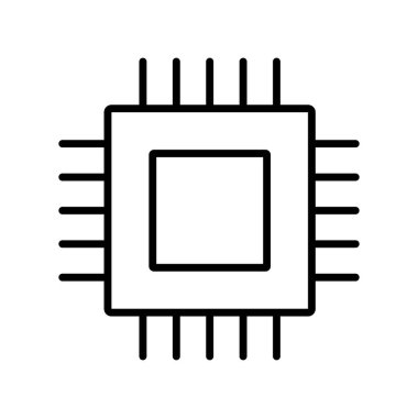 Beyaz arkaplanda izole edilmiş bir bilgisayar çipinin minimalist çizgi çizimi. Bilgisayar teknolojisi çizgi simgesi, dijital cihaz sembolü, web, uygulama ve kullanıcı arayüzü için modern bilişim donanımı tasarımı.