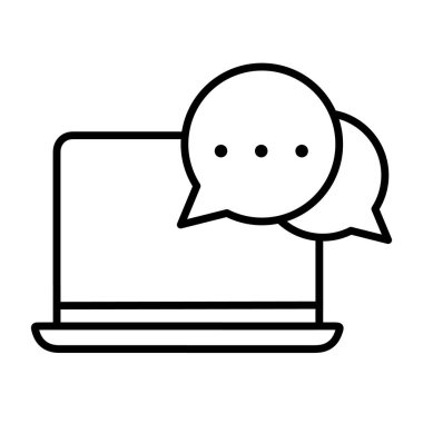 Konuşma baloncuklu dizüstü bilgisayarın minimalist çizimi, çevrimiçi sohbeti, dijital iletişimi, iş yeri sohbetini ve sosyal medya mesajlaşmasını sembolize ediyor. 