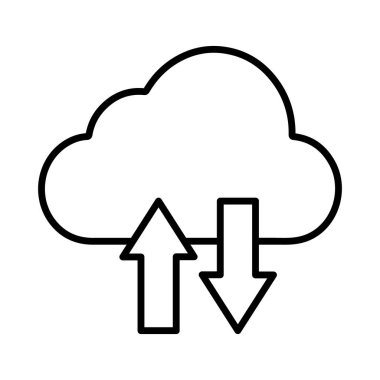 Bulut şeklinin minimalist çizgisi çizimi, yükleme ve indirme işlevlerini sembolize eden işaretli oklar. Bilgisayar teknolojisi çizgi simgesi.
