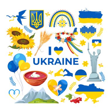 Beyaz arkaplanda izole edilmiş Ukrayna sembolleri ve simgelerinin vektör karikatür koleksiyonu. Kompozisyonda ayçiçekleri, buğday, kırlangıç, Ukrayna arması vb. Ulusal renklerin mavi ve sarı renkleriyle.