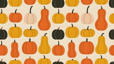 Yaratıcı balkabaklarının turuncu, sarı, bej ve koyu yeşil renklerle bej arkaplanda sade ve düz bir şekilde oluşturduğu sonbahar deseni. Mevsimlik hasat tasarımı, Cadılar Bayramı ve Şükran Günü dekorasyon deseni.