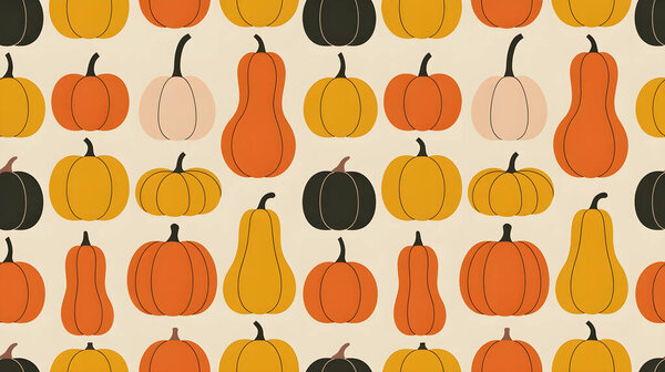 Autumn seamless pattern with creative pumpkins in simple flat style in orange, yellow, beige and dark green colors isolated on beige color background. Seasonal harvest design, Halloween and Thanksgiving decoration pattern.