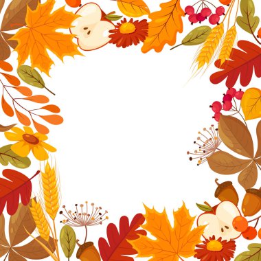 Turuncu, kırmızı ve kahverengi, elmalar, meşe palamutları, çiçekler ve beyaz arka planda izole buğday sapları içeren sonbahar elementlerinden oluşan kare bir çerçeve tasviri.