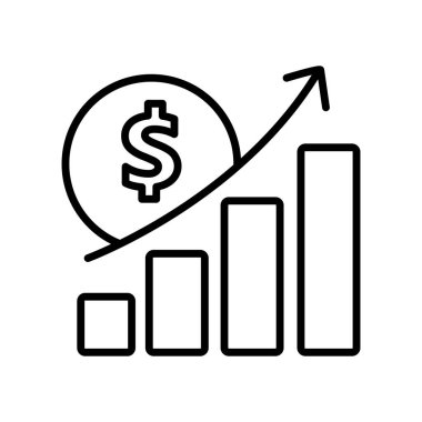 Vector line icon of a bar graph with an upward arrow and a coin with a dollar sign, isolated on white background. Illustration representing financial growth, business success, profit increase.