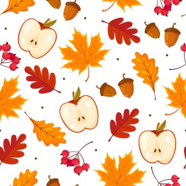 Vector seamless pattern with autumn elements apples, acorns, rowan berries, maple and oak leaves in orange and red colors on a white background.
