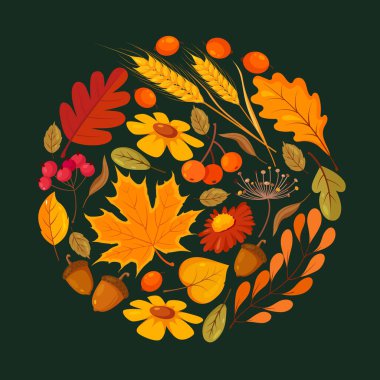Autumn harvest elements in circle frame on a dark green background, featuring a variety of leaves in shades of red,orange,yellow and green colors, wheat stalks, berries, flowers and acorns.