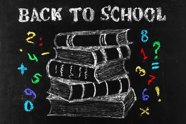 Back School Background Stack Book Math Symbols Chalk Drawing School — Stock Photo, Image