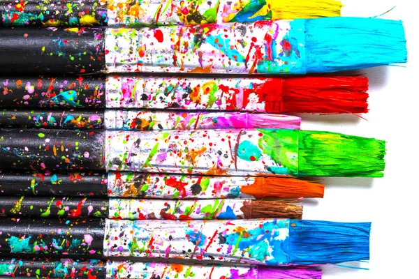 Artistic Background Artist Paintbrushes Colourful Paint Stains Isolated White Background — Stock Photo, Image