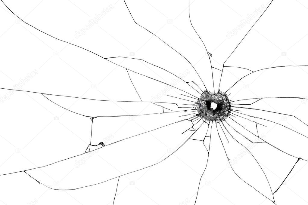 Broken glass background isolated on white. Bullet hole on cracked window. Shattered glass.