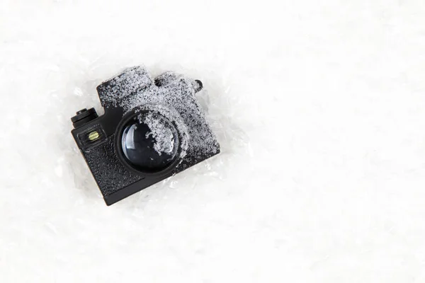 Donmuş fotoğraf makinesi beyaz kar arka plan üzerinde. Kış Fotoğrafçılık / photoshot