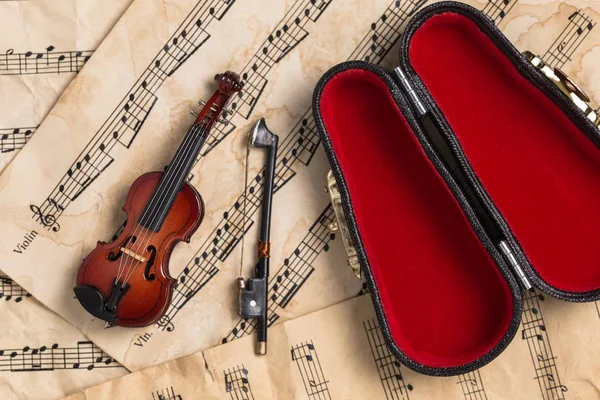 Violin and fiddle case on vintage music notes paper background