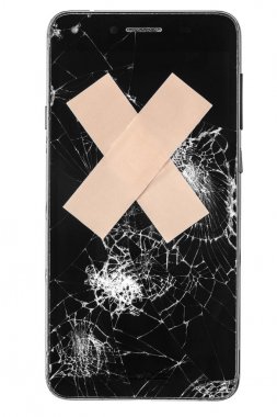 Kırık cep telefonu / cep telefonu / beyaz arka plan izole tıbbi yama dikiş ile akıllı telefon ekranı