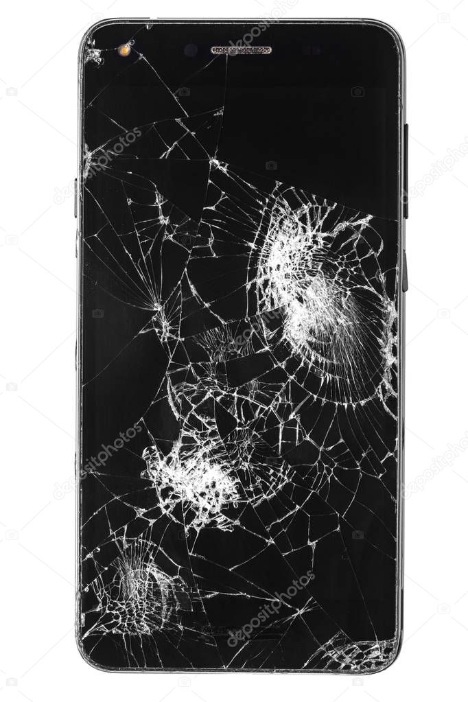Broken mobile phone / cellphone / smartphone screen isolated on white background