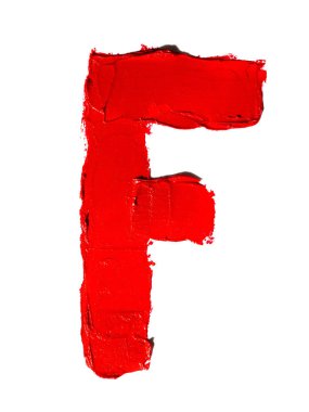 El yazısı büyük İngilizce büyük harf F beyaz arka plan izole lekeli kırmızı ruj yapılmış