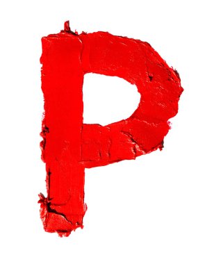 El yazısı büyük İngilizce büyük harf P beyaz arka plan izole lekeli kırmızı ruj yapılmış