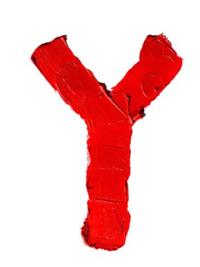 Handwritten big english capital letter Y made of smudged red lipstick isolated on white background