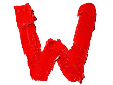 Handwritten big english capital letter W made of smudged red lipstick isolated on white background