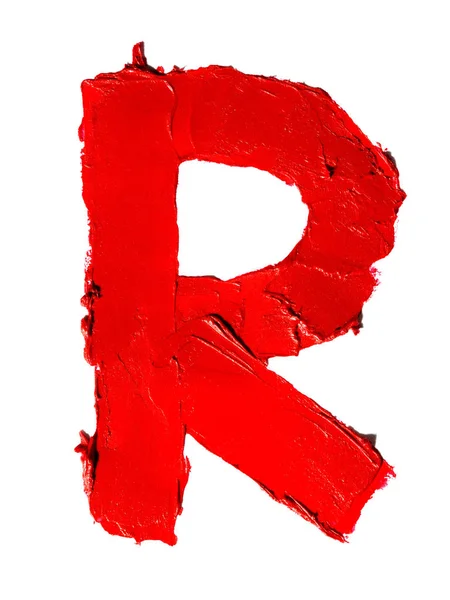 白い背景に隔離された汚れた赤い口紅で作られた手書きの大きな英語の大文字R — ストック写真