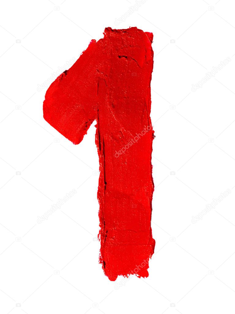 Isolated handwritten number 1 made of smudged red lipstick on white background. Digit one