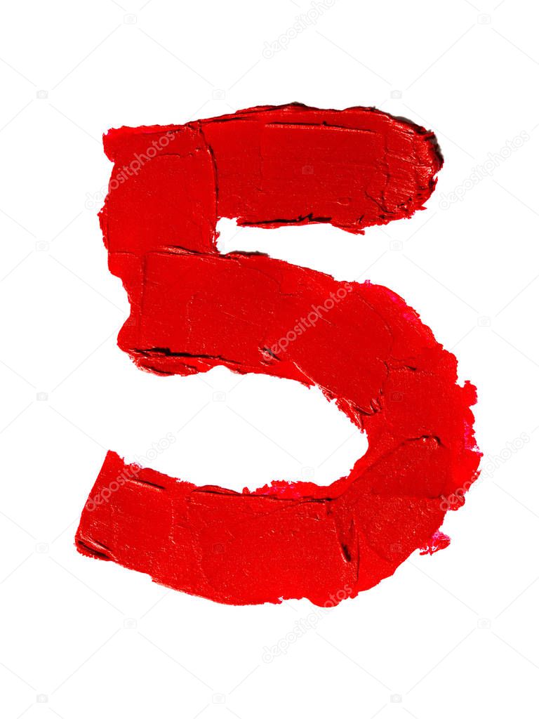 Isolated handwritten number 5 made of smudged red lipstick on white background. Digit five