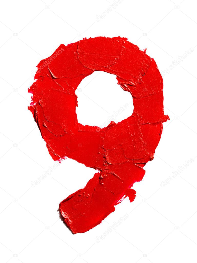 Isolated handwritten number 9 made of smudged red lipstick on white background. Digit nine