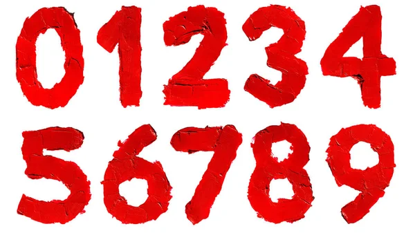 Beyaz arka plan üzerinde izole lekeli kırmızı ruj yapılmış el yazısı numaraları kümesi. Basamak 0, 1, 2, 3, 4, 5, 6, 7, 8, 9, Sayı sıfır, bir, iki üç, dört, beş, altı, yedi, sekiz, dokuz