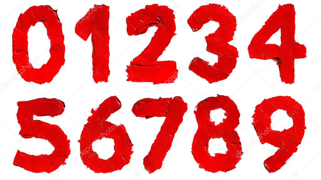 Set of handwritten numbers made of smudged red lipstick isolated on white background. Digit 0, 1, 2, 3, 4, 5, 6, 7, 8, 9, Number zero, one, two three, four, five, six, seven, eight, nine