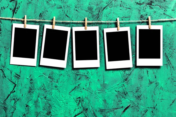 Beş adet boş polaroid fotoğraf çerçevesi ve yeşil desenli arka planda boş izole edilmiş bir alan asılı. Kopyala ve yapıştır