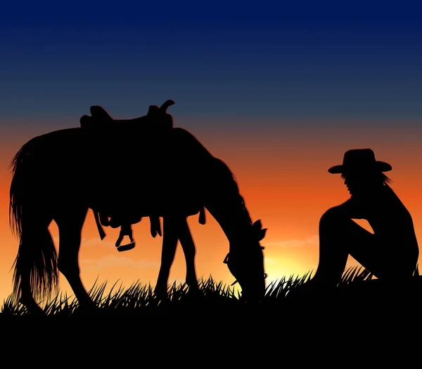 Joven Vaquero Sentado Hierba Frente Caballo — Vector de stock